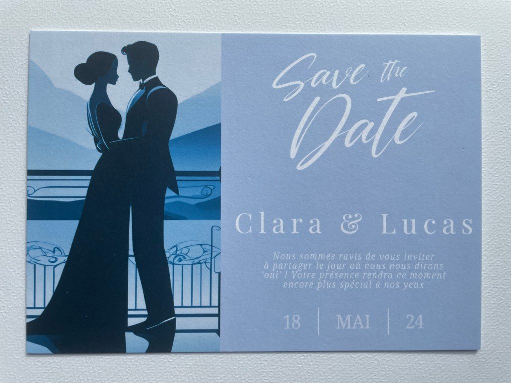 Save the Date romantique en bleu pour Clara & Lucas