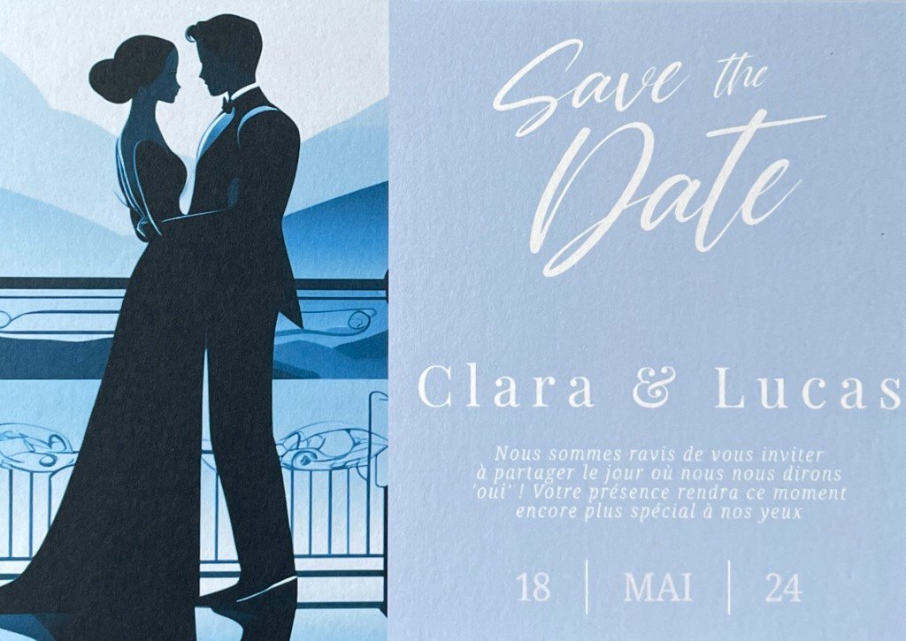 Save the Date romantique en bleu pour Clara & Lucas