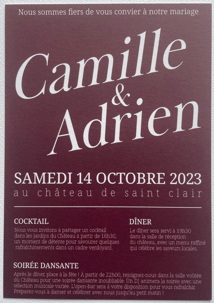 Faire-part raffiné en bordeaux pour Camille & Adrien