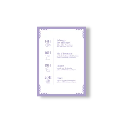 Verso de faire-part lilas avec détails du mariage, typographie centrée et encadré graphique épuré, style chic et moderne.