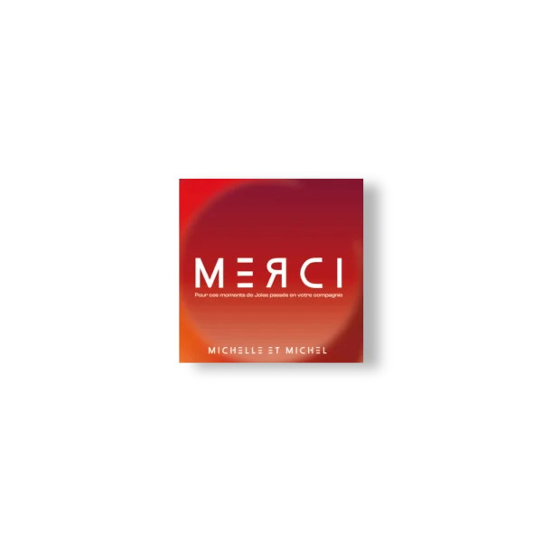 Carte de remerciement carrée rouge saturne, planète au centre, typographie “MERCI” blanche stylisée. Look spatial intense.