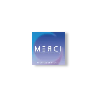Carte de remerciement carrée bleu ciel avec un croissant planétaire et le mot "MERCI" en typo futuriste blanche. Message : "Pour ces moments de joies passés..."