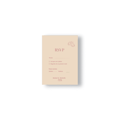 Carte RSVP minimaliste avec pictogramme d’alliances, trois couleurs disponibles : chocolat, rose poudré ou vert sauge. Un retour élégant et pratique.