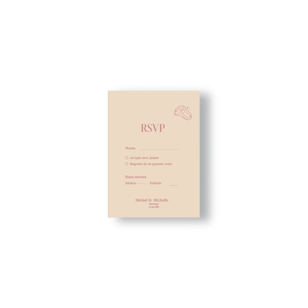 Carte RSVP minimaliste avec pictogramme d’alliances, trois couleurs disponibles : chocolat, rose poudré ou vert sauge. Un retour élégant et pratique.