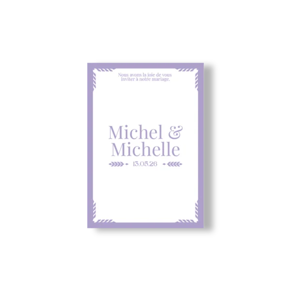 Faire-Part de mariage lilas et blanc avec prénoms centrés, date en bas et encadrement graphique discret, style sobre et élégant.