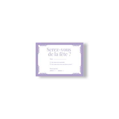 Carte RSVP de mariage lilas avec encadrement graphique et texte élégant, pour confirmer sa présence avec style.