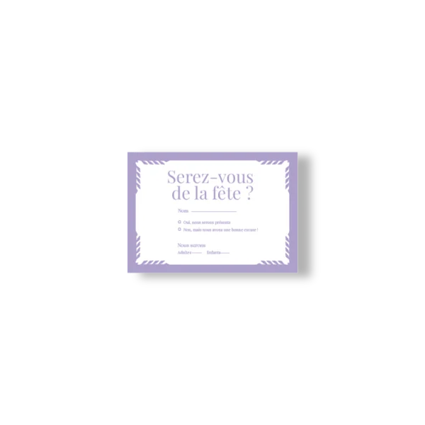 Carte RSVP de mariage lilas avec encadrement graphique et texte élégant, pour confirmer sa présence avec style.