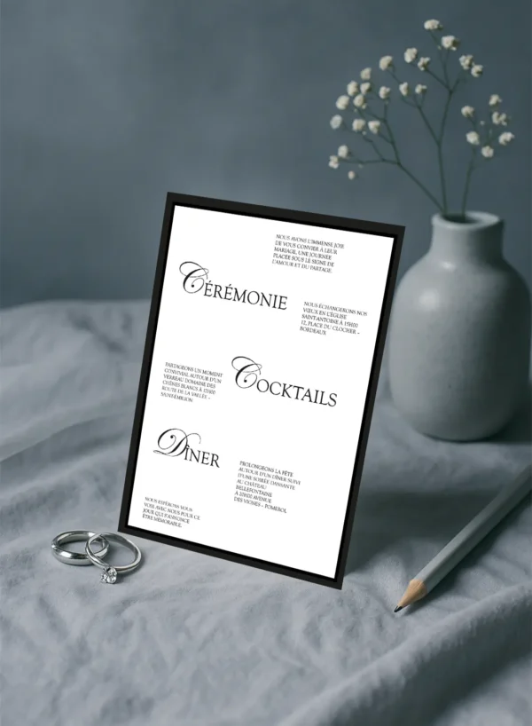 Dos du Faire-part de mariage noir et blanc en lettre calligraphiés très mariage chic