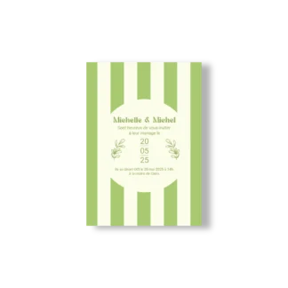 Faire-part de mariage rayé vert et crème, avec une typographie élégante et des illustrations florales, issu de la Collection Printemps.