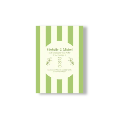 Faire-part de mariage rayé vert et crème, avec une typographie élégante et des illustrations florales, issu de la Collection Printemps.