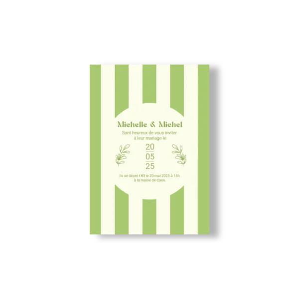 Faire-part de mariage rayé vert et crème, avec une typographie élégante et des illustrations florales, issu de la Collection Printemps.