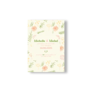 Faire-part de mariage fleuri, avec la date en typographie centrale, sur fond crème orné de fleurs dessinées en rose, jaune et vert