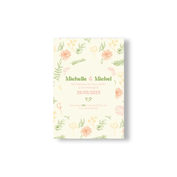 Faire-part de mariage fleuri, avec la date en typographie centrale, sur fond crème orné de fleurs dessinées en rose, jaune et vert