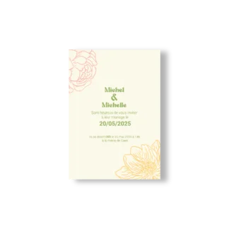faire-part de mariage avec texte centré et fleurs jaune et rose sur fond crème.