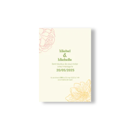 faire-part de mariage avec texte centré et fleurs jaune et rose sur fond crème.