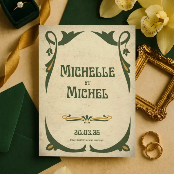 Un Faire-Part très chic dans les tons beige et vers et le style Métro et Art Nouveau