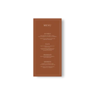 Menu de mariage vertical fond chocolat lait, texte crème, double cadre fin. Élégant et graphique, idéal pour une table chic.