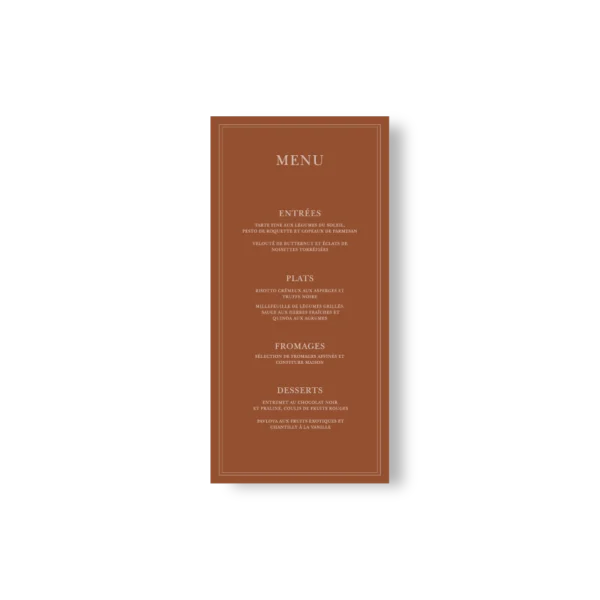 Menu de mariage vertical fond chocolat lait, texte crème, double cadre fin. Élégant et graphique, idéal pour une table chic.