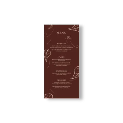 Menu de mariage au brun profond et aux illustrations automnales. Idéal pour une décoration de table sobre, élégante et de saison.