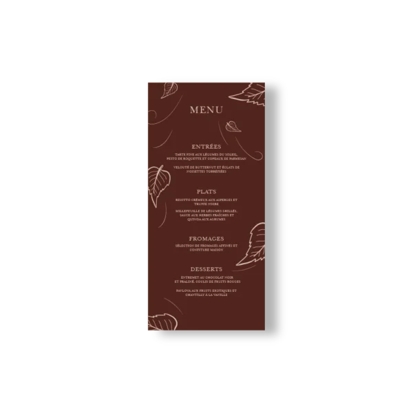 Menu de mariage au brun profond et aux illustrations automnales. Idéal pour une décoration de table sobre, élégante et de saison.