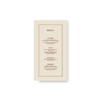 Menu de mariage crème vertical avec encadrement chocolat et texte centré, typographie élégante et artisanale.
