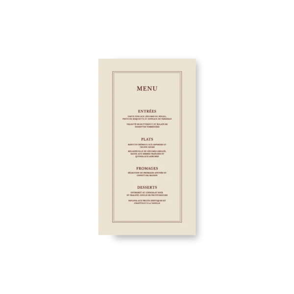 Menu de mariage crème vertical avec encadrement chocolat et texte centré, typographie élégante et artisanale.