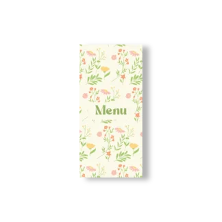 Un menu au décor fleuri complet dans les tons verts, roses et jaunes.