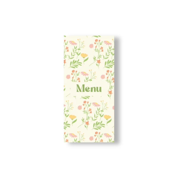 Un menu au décor fleuri complet dans les tons verts, roses et jaunes.