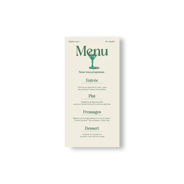 Menu mariage vertical avec visuel cocktail vert, typographie élégante et textes plats détaillés, Collection Cocktail.
