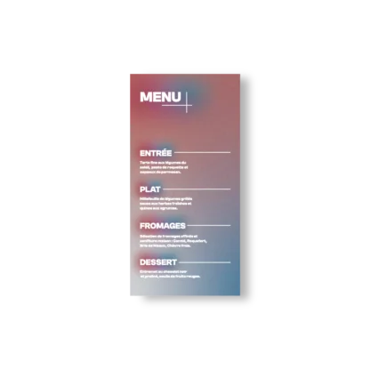 Menu de mariage vertical, fond flou bleu rose violet, typographie blanche lisible avec titres colorés, design graphique et moderne