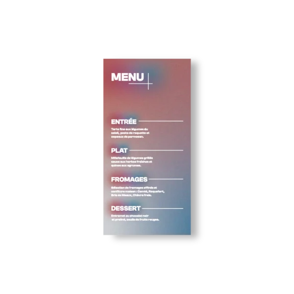 Menu de mariage vertical, fond flou bleu rose violet, typographie blanche lisible avec titres colorés, design graphique et moderne