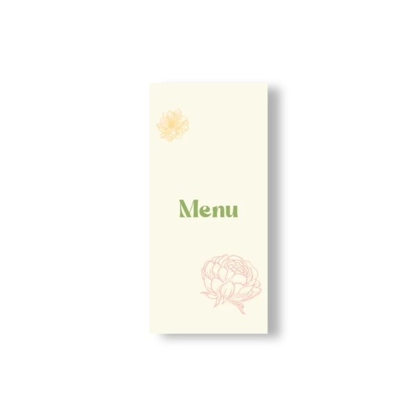 titre “Menu” encadré par les deux fleurs.