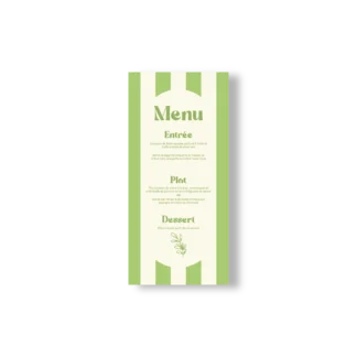 menu de mariage rayé vert et crème avec typographie élégante