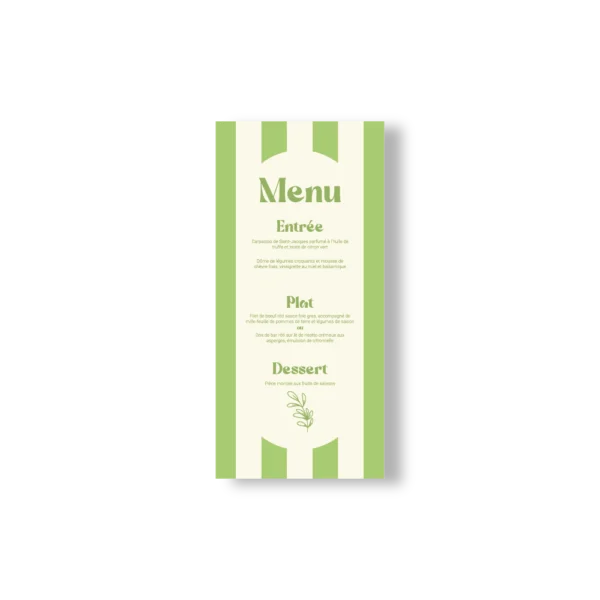 menu de mariage rayé vert et crème avec typographie élégante