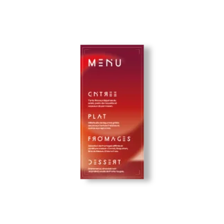 Menu de mariage vertical rouge saturne, texte blanc futuriste. Entrée à dessert dans un décor graphique galactique.