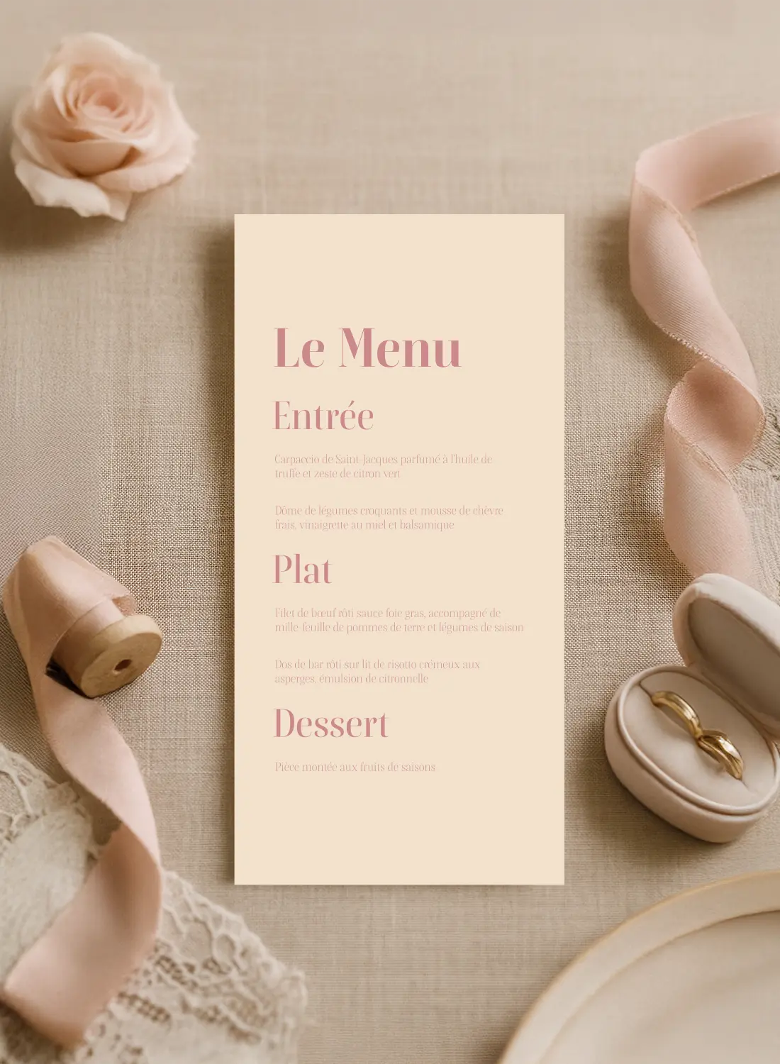 Menu de Mariage Minimaliste Moderne – Rose Poudré