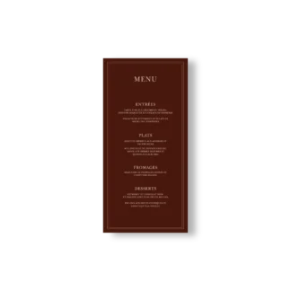 Menu de mariage fond chocolat intense avec texte centré beige, ambiance élégante et raffinée.