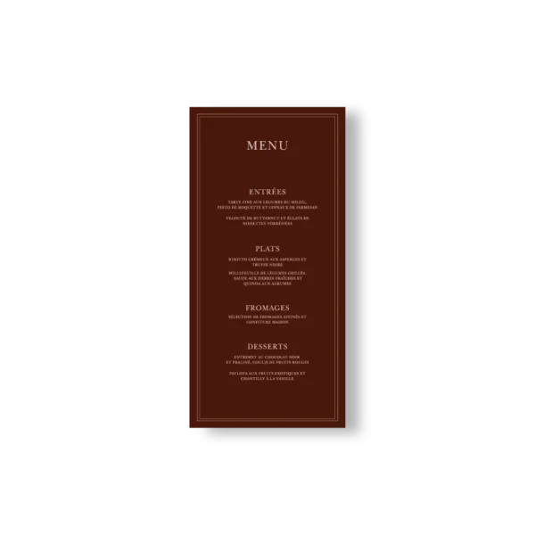 Menu de mariage fond chocolat intense avec texte centré beige, ambiance élégante et raffinée.