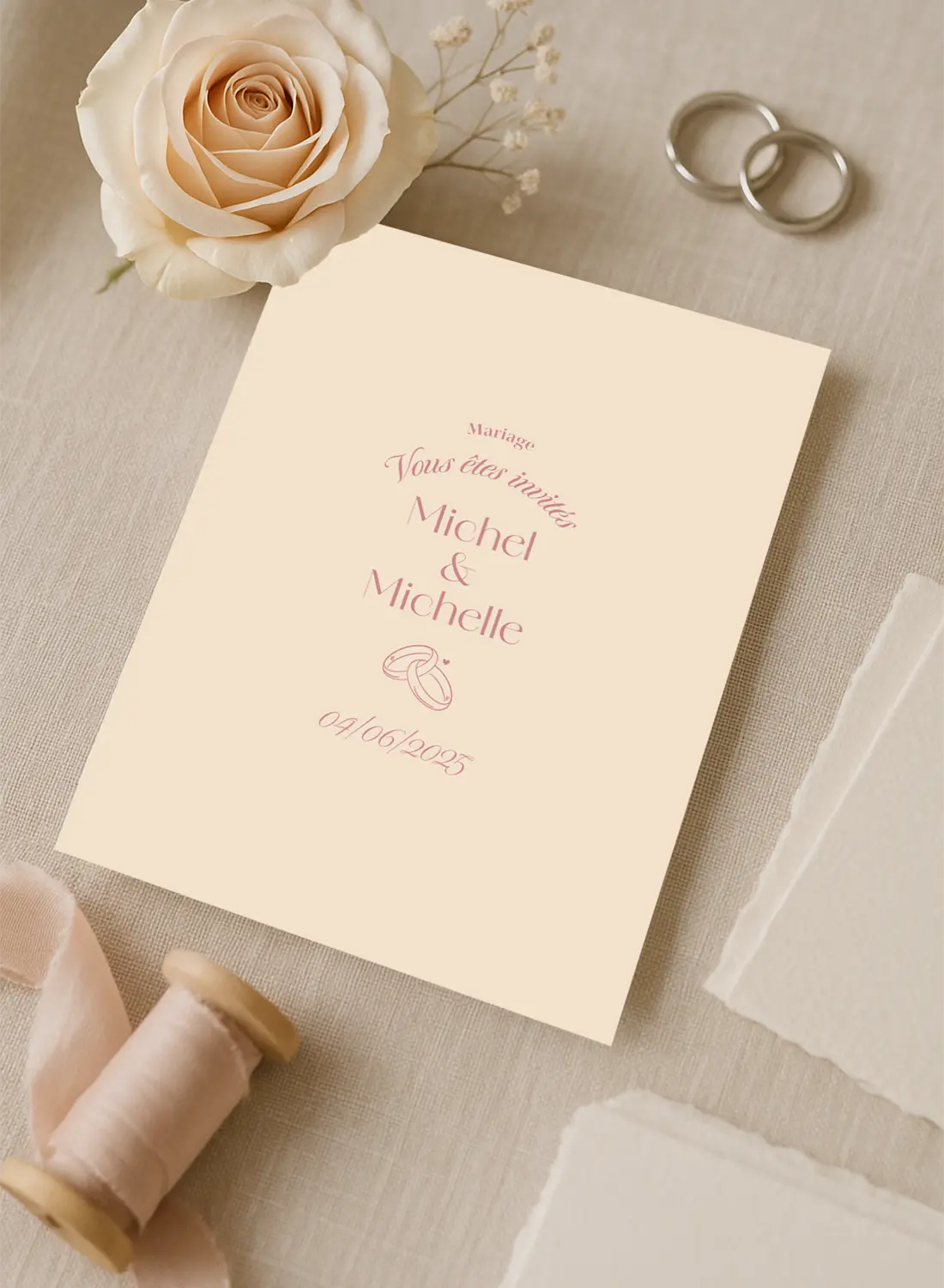 Faire-Part Minimaliste Ivoire & Rose Poudré Echange d'Alliances