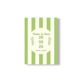 Carte "Notez la Date" rayée verte avec date centrale et éléments floraux, issue de la Collection Printemps de papeterie de mariage.