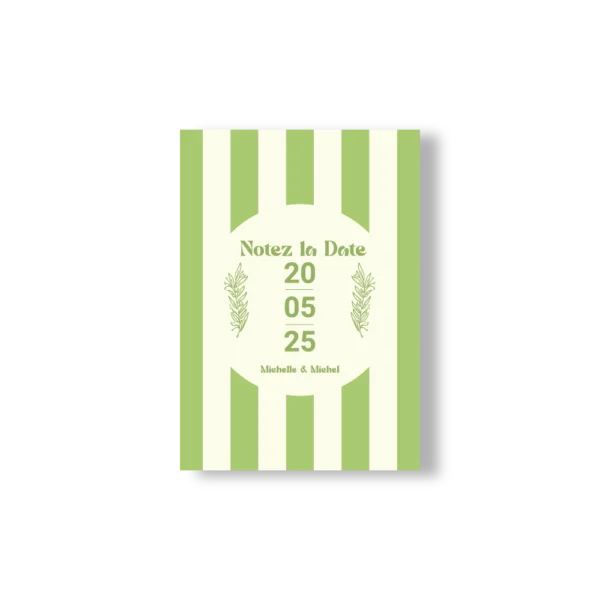 Carte "Notez la Date" rayée verte avec date centrale et éléments floraux, issue de la Collection Printemps de papeterie de mariage.