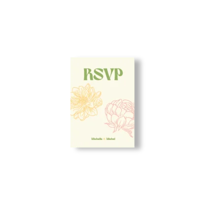 Visuel épuré avec grandes fleurs en fond et logo RSVP.