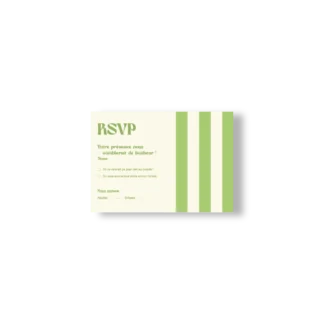 Carte RSVP de mariage rayée verte et crème avec texte humoristique et design printanier, assortie à la Collection Printemps.