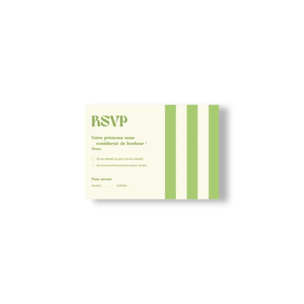 Carte RSVP de mariage rayée verte et crème avec texte humoristique et design printanier, assortie à la Collection Printemps.