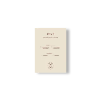Carte RSVP crème verticale avec cases à cocher, typographie chocolat foncé et monogramme M M en bas.