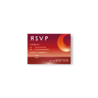 Carte RSVP rouge saturne, texte blanc futuriste. Cases à cocher, fond galaxie. Look graphique et lisible.