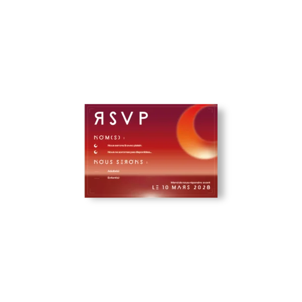 Carte RSVP rouge saturne, texte blanc futuriste. Cases à cocher, fond galaxie. Look graphique et lisible.