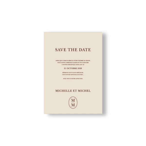 Save the Date crème avec texte chocolat foncé centré et monogramme M M en bas, ambiance douce et artisanale.