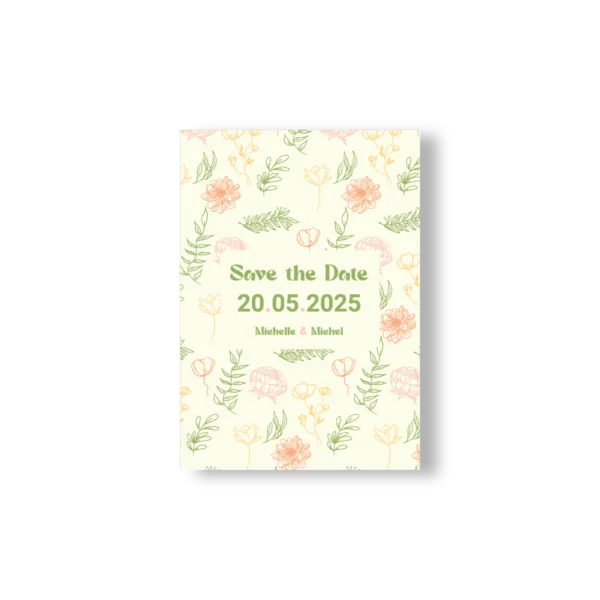 Carte “Save the Date” florale pour mariage, fond crème avec illustrations naturelles dans les tons vert, rose et jaune, texte centré avec la date