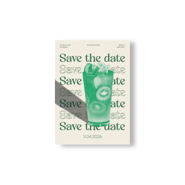 Save the Date mariage avec grand cocktail vert kiwi et texte en répétition sur fond crème, prénoms des mariés et date affichés en haut et bas